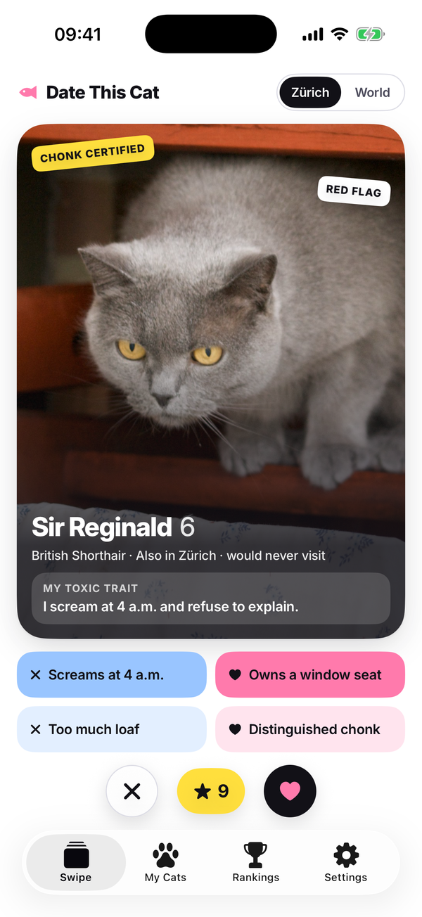 The deck switched to Zürich: Sir Reginald, “British Shorthair · Also in Zürich · would never visit”.